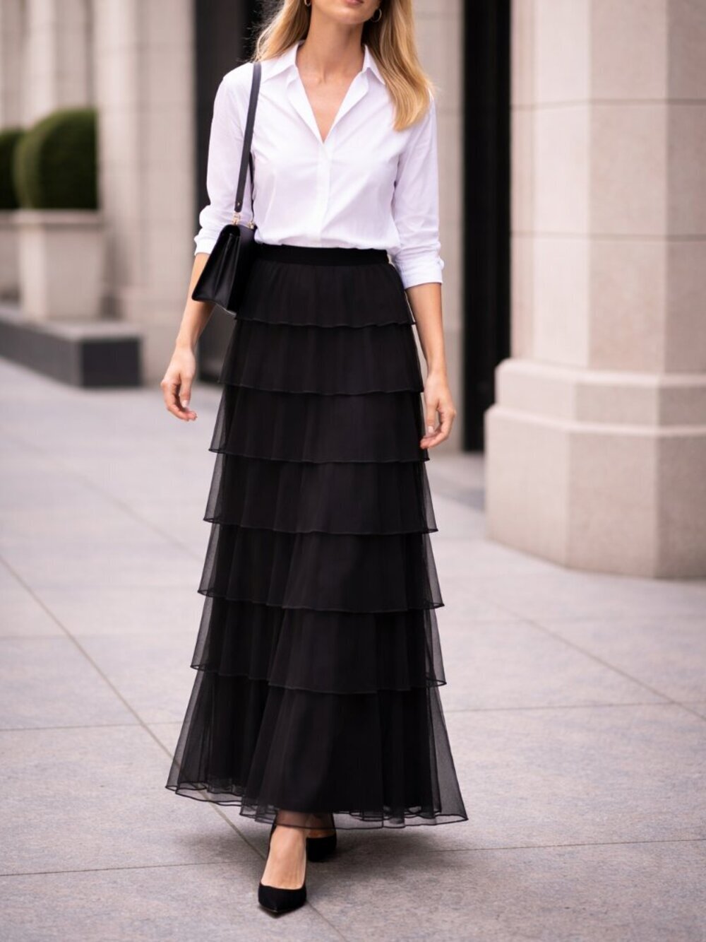 Vintage Tadashi 100% Silk Chiffon Tiered Maxi Skirt 90s Formal Evening Black 6 - Picture 10 of 10